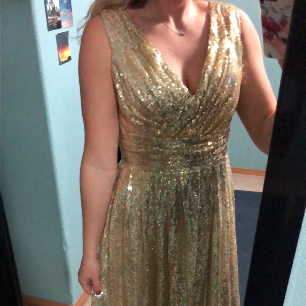 Gold sequin v neck long dress, size 6
